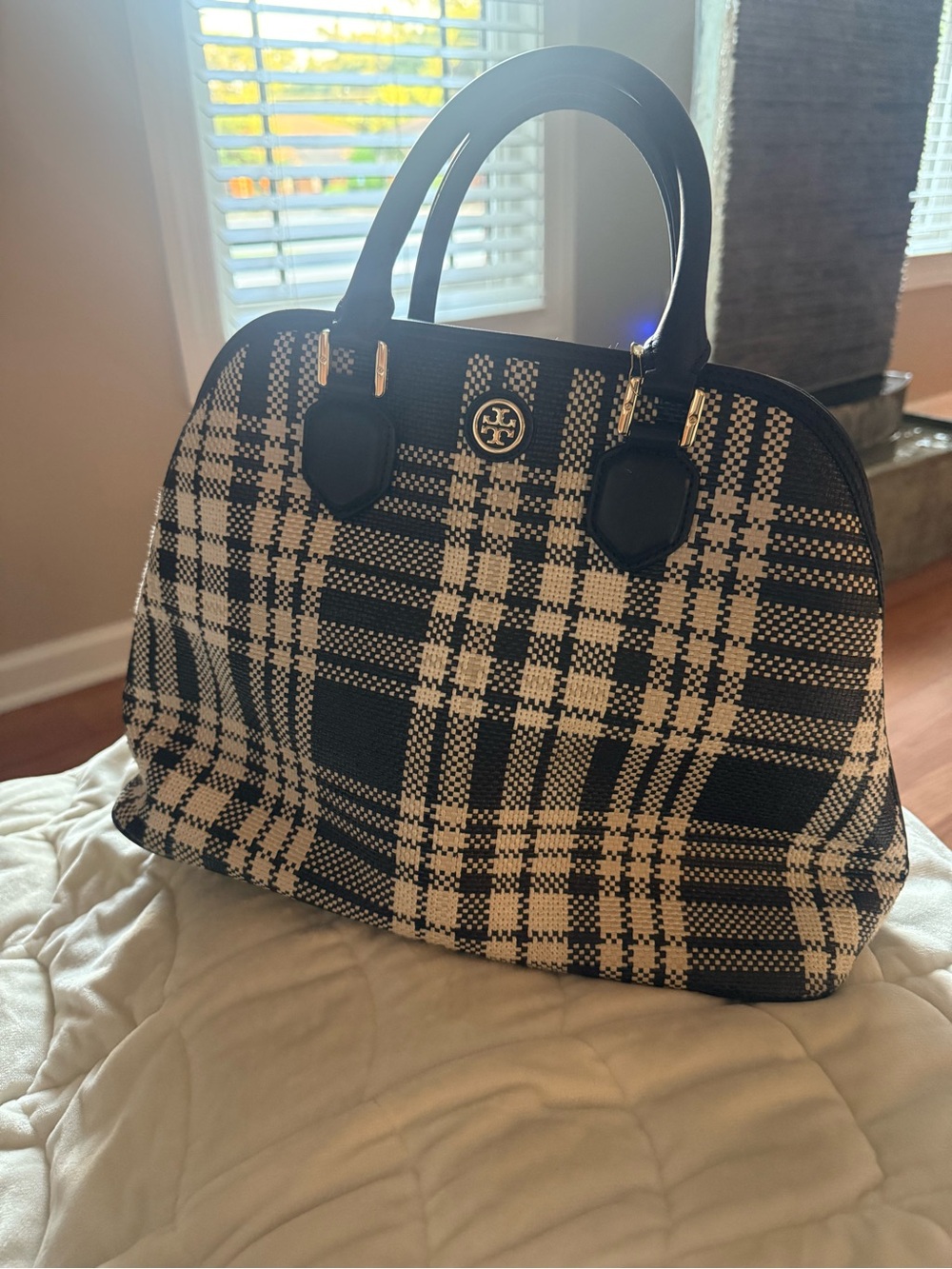 Tory Burch Black and Cream Plaid Dome Tote